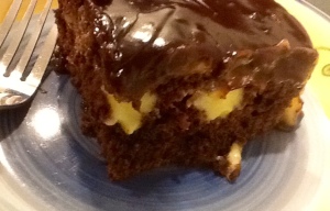 boston cream poke cake slice